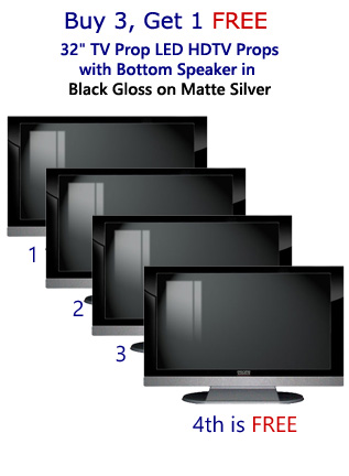 Buy 3 Get 1 Free (4-Pack) 32 Inch HD TV Prop with Bottom Speaker in Gloss Black on Matte Silver