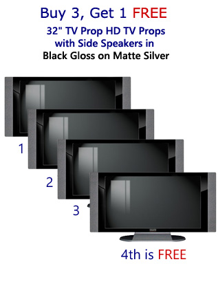 Buy 3 Get 1 Free (4-Pack) 32" HD TV Props with Side Speakers in Gloss Black on Matte Silver